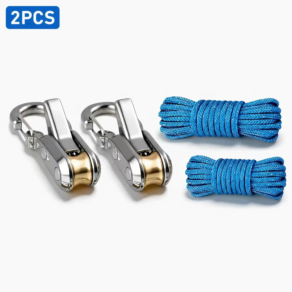 Two heavy duty retractable rope tightener sets with blue braided ropes are shown.