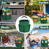 A green folding storage organizer basket is shown in various contexts including a car, garden, picnic setting, and on the bea