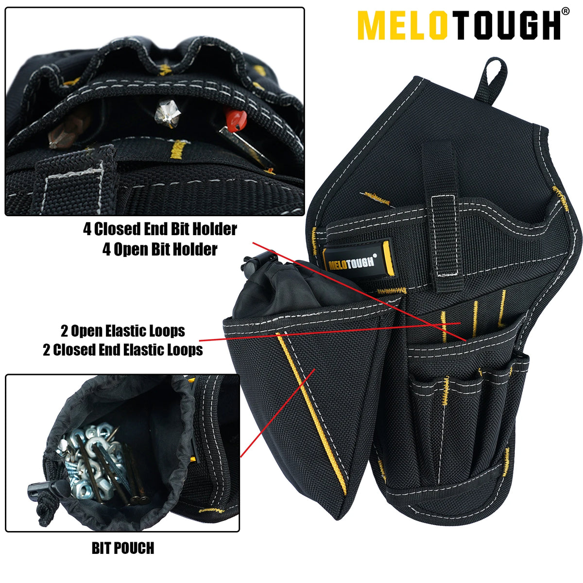 Portaherramientas de impacto pesado negro MELOTOUGH con soportes para brocas y correas elásticas