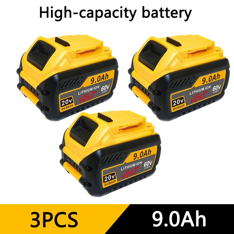 Three yellow and black high-capacity lithium-ion batteries labeled 9.0Ah each