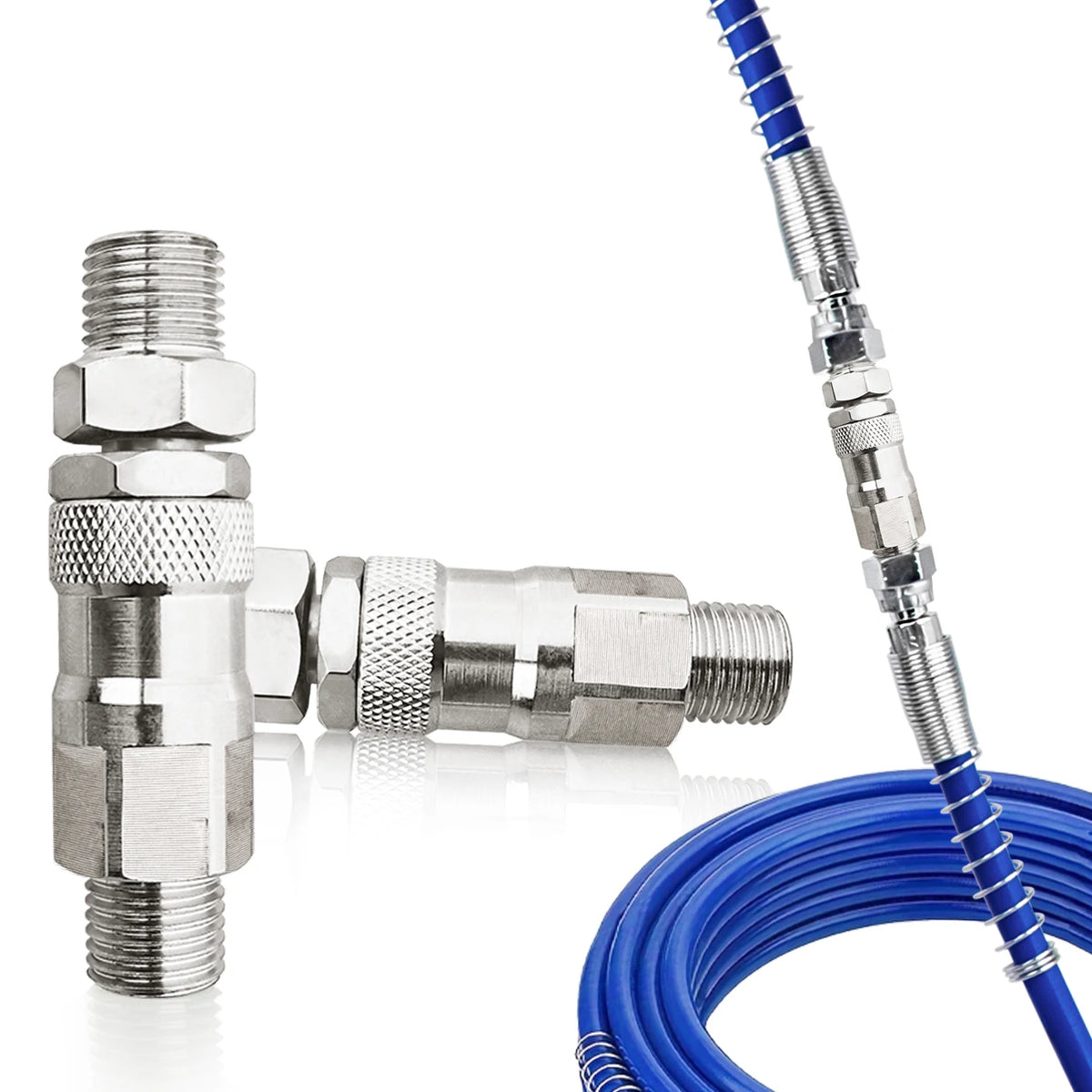 A silver precision swivel joint fitting and a blue flexible hose are shown for airless paint sprayers.