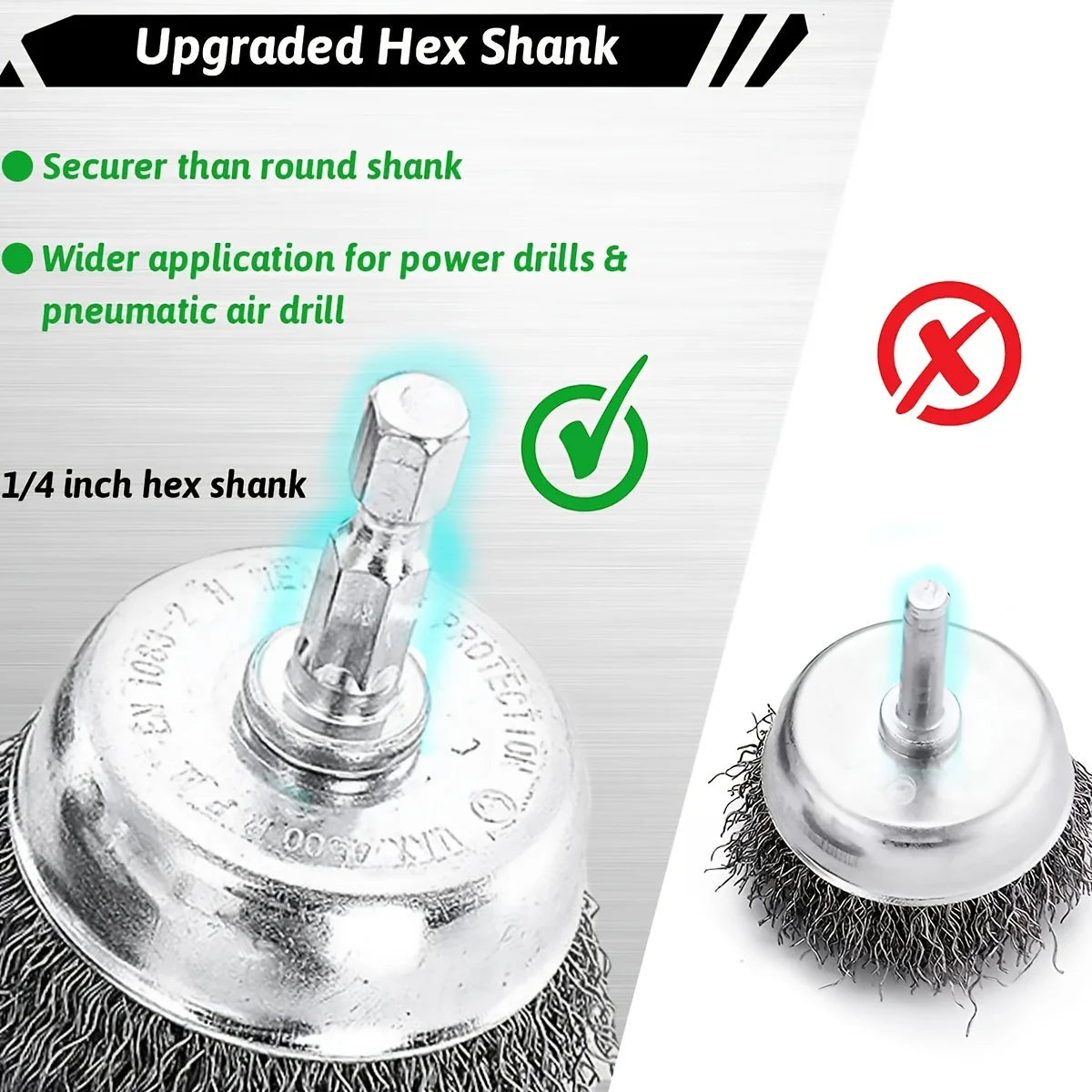 An upgraded hex shank tool used for power drills and pneumatic air drills, shown with a precision wire brush.