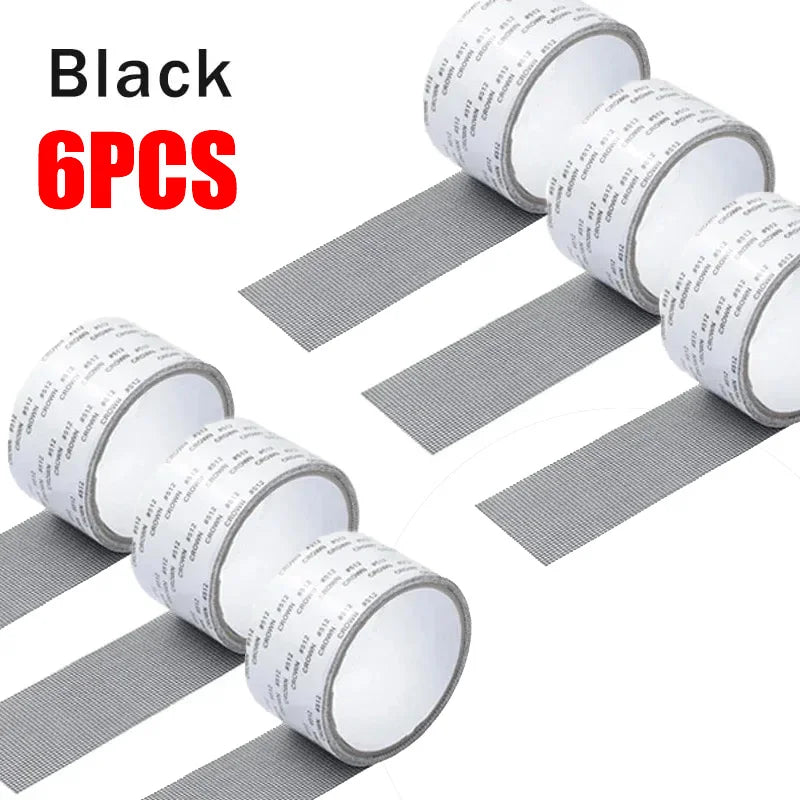 Black window screen repair tape in a pack of six rolls displayed on a white background.
