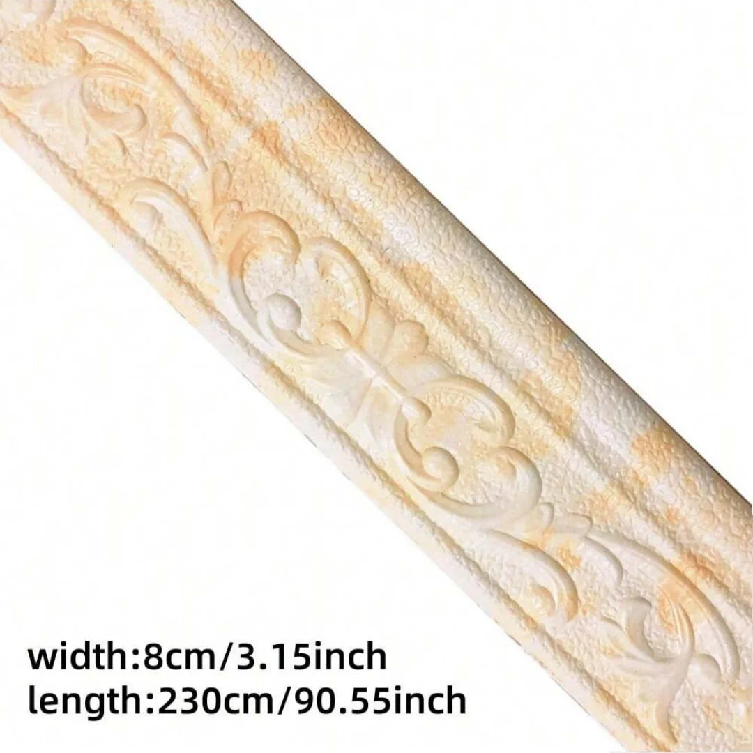 Close-up of light beige wood grain self-adhesive wall trim decal showing decorative scrollwork pattern.