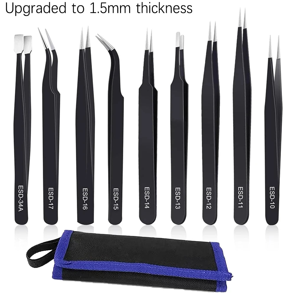 A set of black precision ESD anti-static tweezers and a black carrying case.