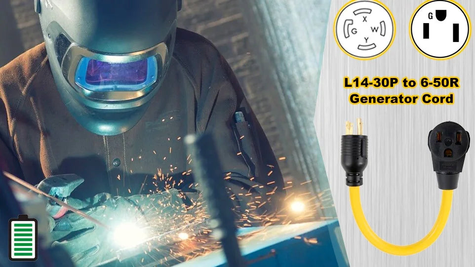 A close-up of a welder using an L14-30P generator cord to perform welding work.