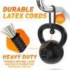 Un élastique noir fixé à une balle robuste, conçu pour l'étirement durable du latex et du caoutchouc.