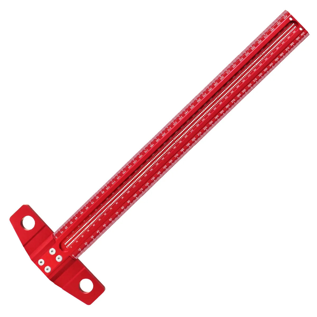 A red precision marking T-square with a ruler for woodworking.