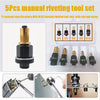 A set of five manual riveting tools with storage boxes and related components shown in various angles.