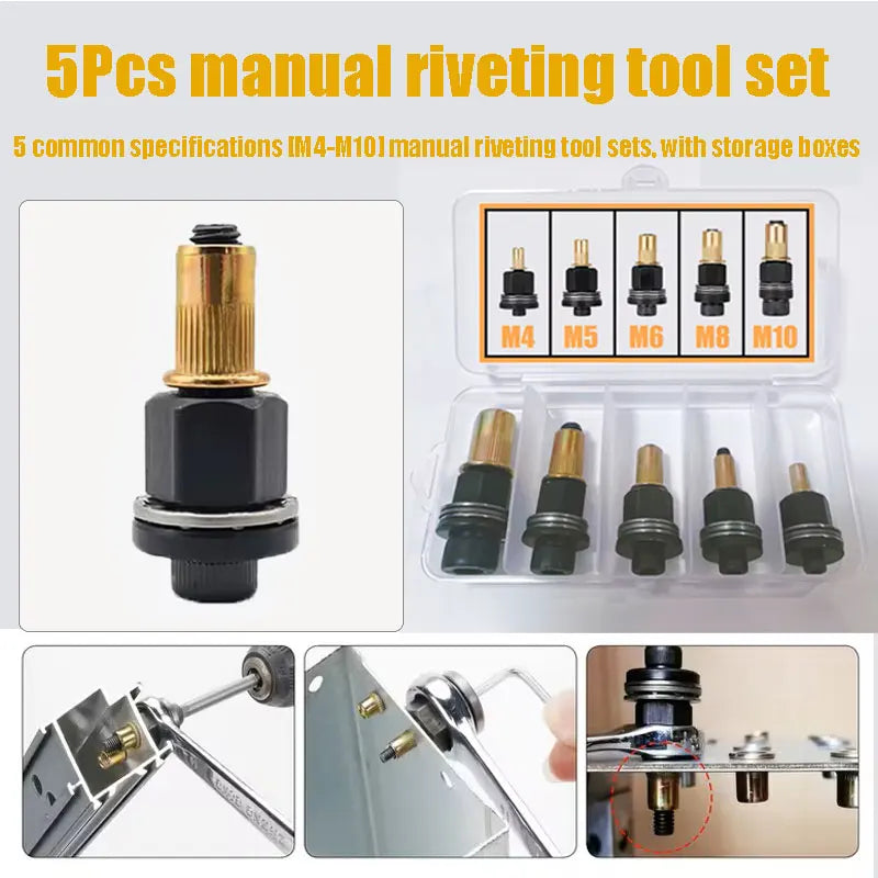 A set of five manual riveting tools with storage boxes and related components shown in various angles.