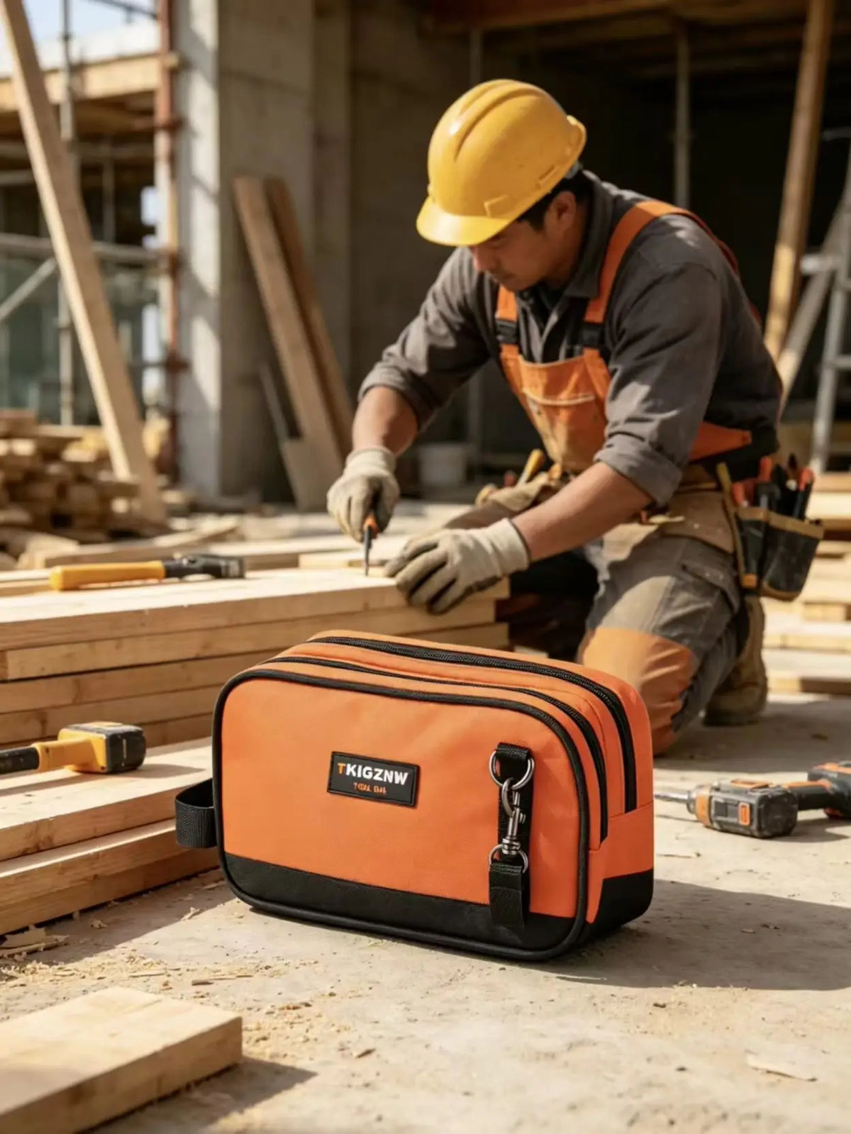An orange canvas tool bag is lying on a wooden surface in a construction setting.