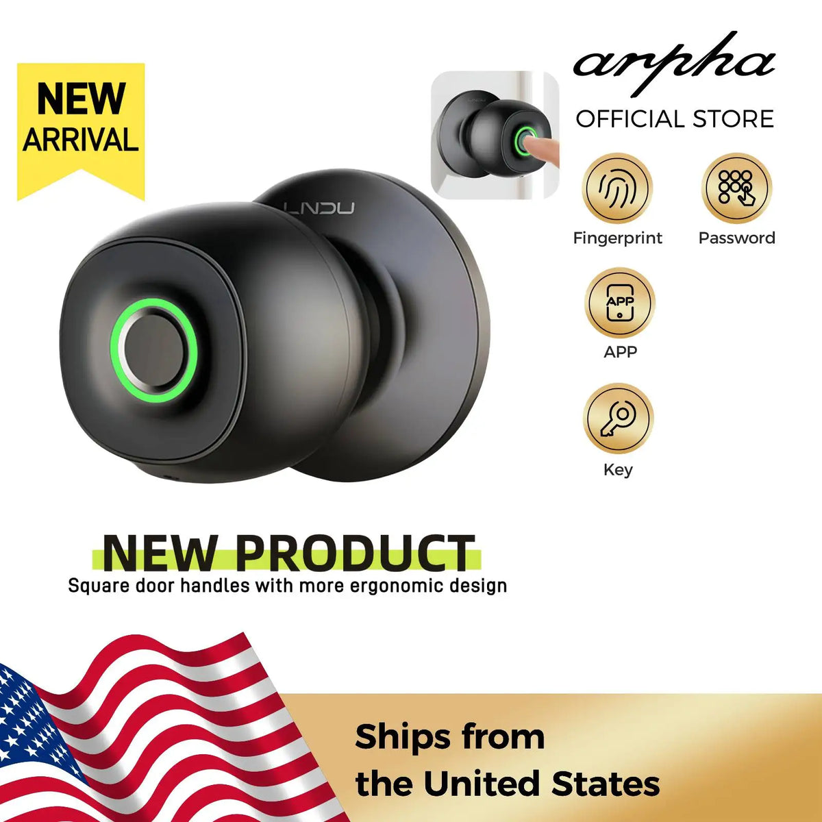 Black smart fingerprint keyless door lock device shown next to authentication methods like fingerprint, password, app, and ke