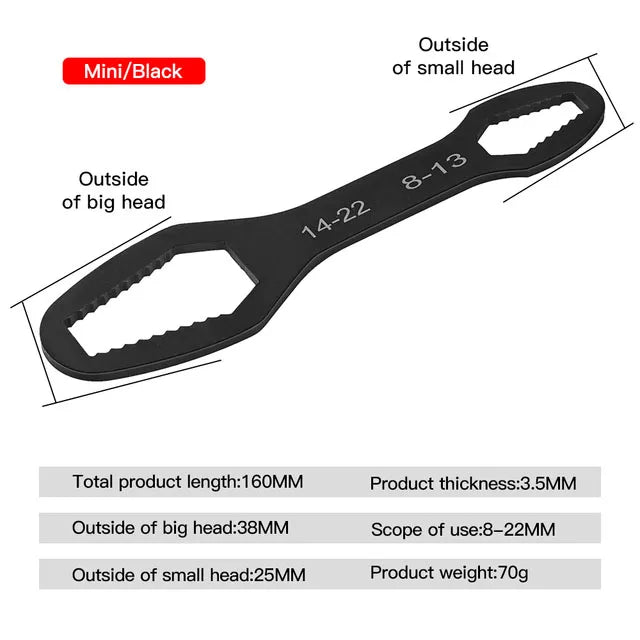 Black Mini/Black universal Torx wrench set showing dimensions and usage details.