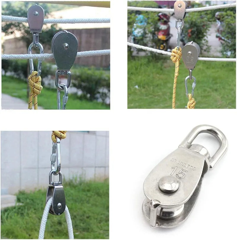 Stainless steel wire rope pulley block with a metal hook and chain attached to a white rope.