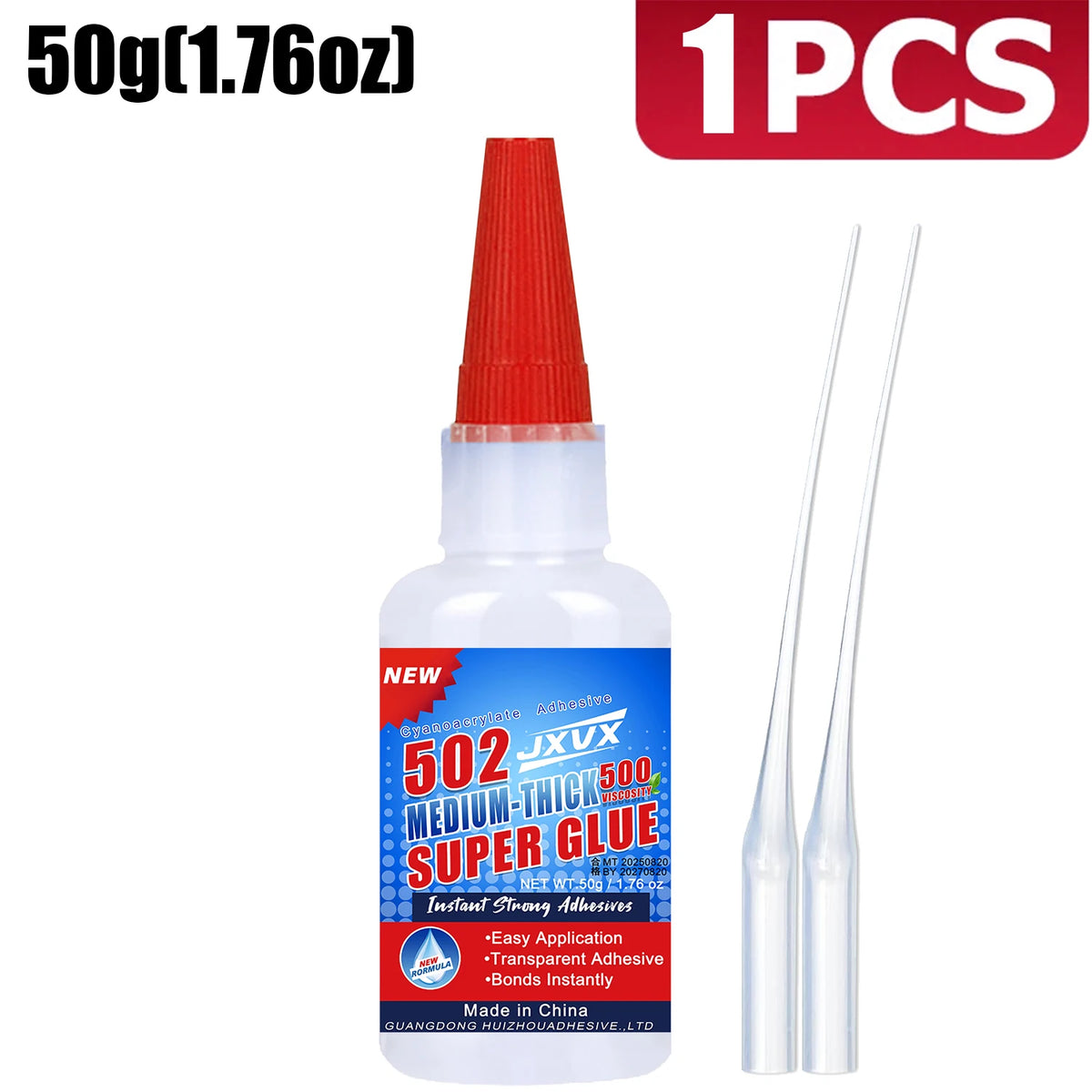 A bottle of 50g Super Strong Cyanoacrylate Adhesive Glue with a red cap and glass dropper applicator.