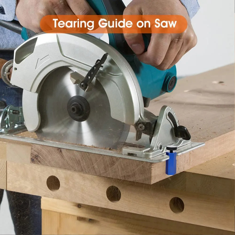 Hands guide a saw blade on a piece of wood, demonstrating the tearing guide feature.