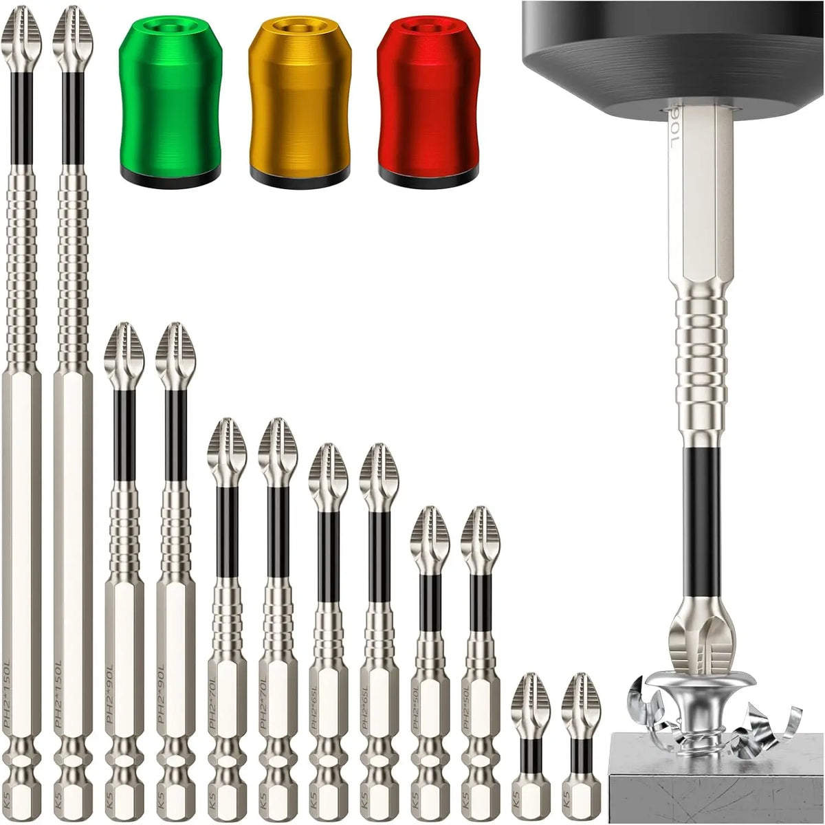 A set of 12 high-impact magnetic screwdriver bits in various colors and sizes displayed against a white background.