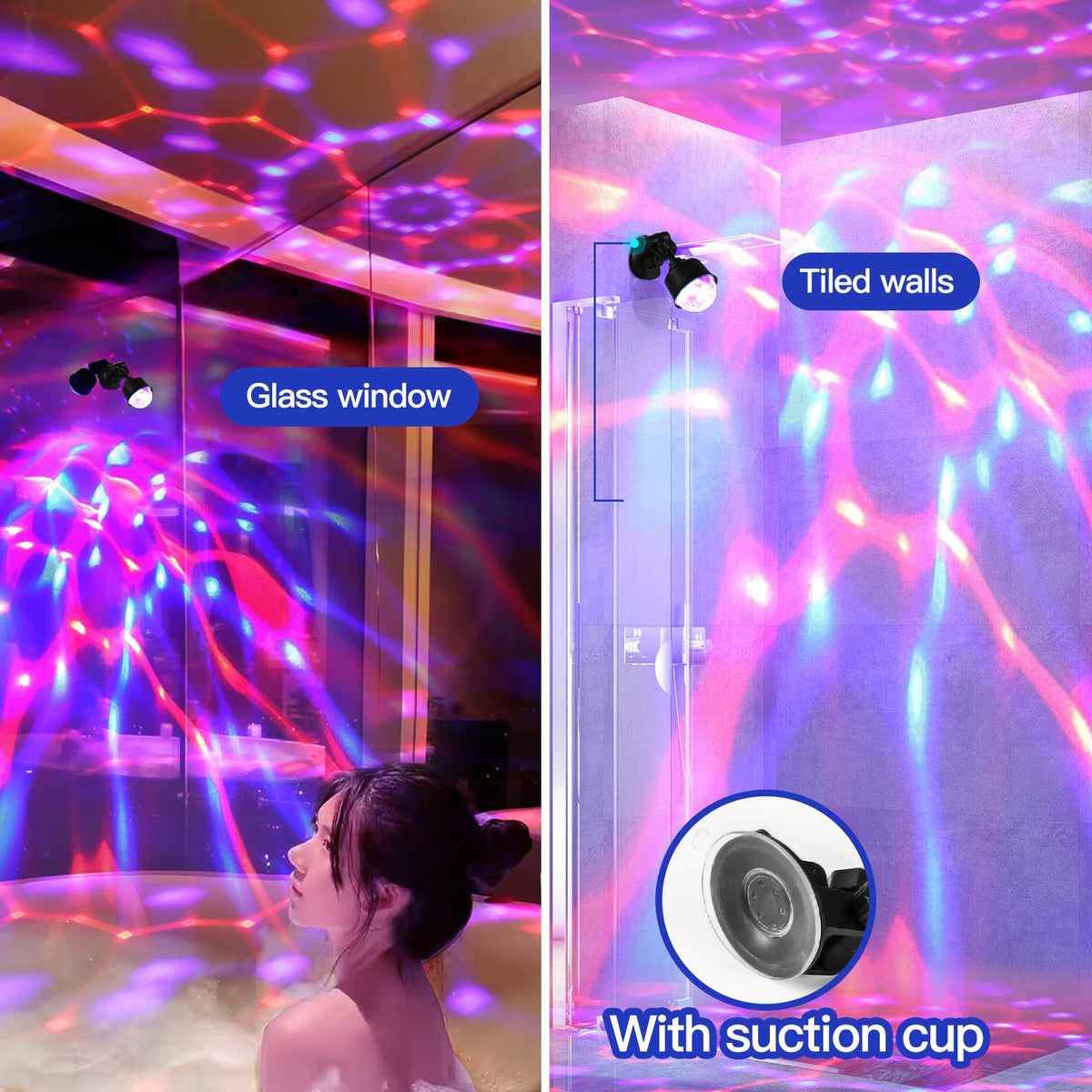 A close-up view of an RGB disco ball light illuminating tiled walls and a glass window with a suction cup mount.