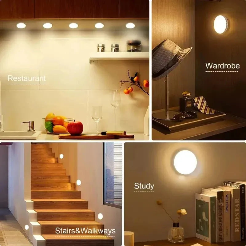 Three interior shots showing a restaurant kitchen, a wardrobe, and stairs and walkways with motion sensor night lights.