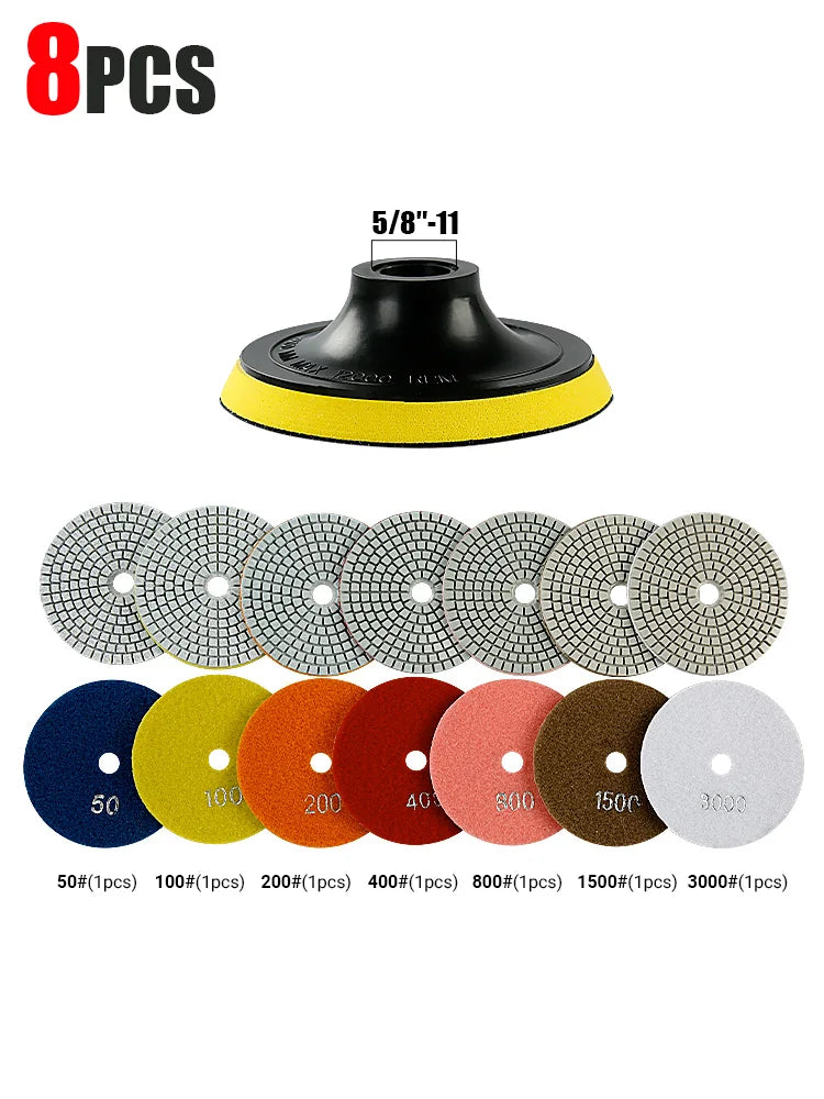 Set of 8 polishing pads with various grits sizes, including 50 to 3000 grit.