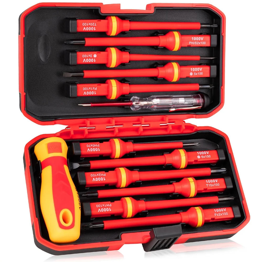 A red and black toolbox containing a 13-piece insulated magnetic screwdriver set with various sized tips.