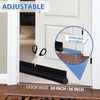 Adjustable door draft stopper shown in a white door frame with an inset diagram detailing door gaps and width.