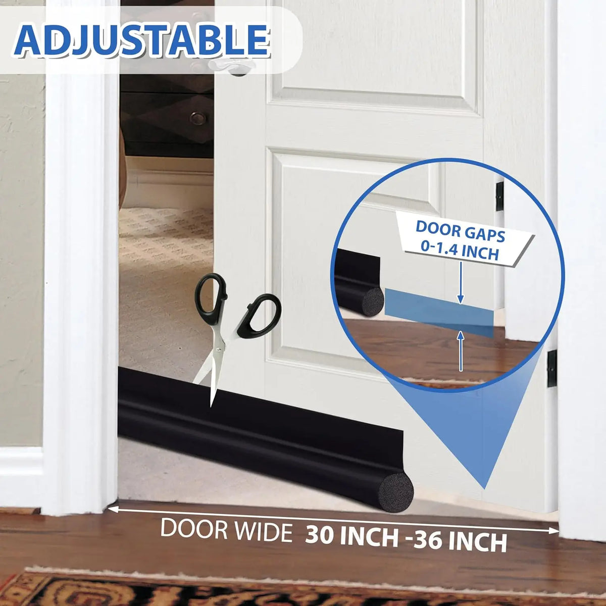 Adjustable door draft stopper shown in a white door frame with an inset diagram detailing door gaps and width.