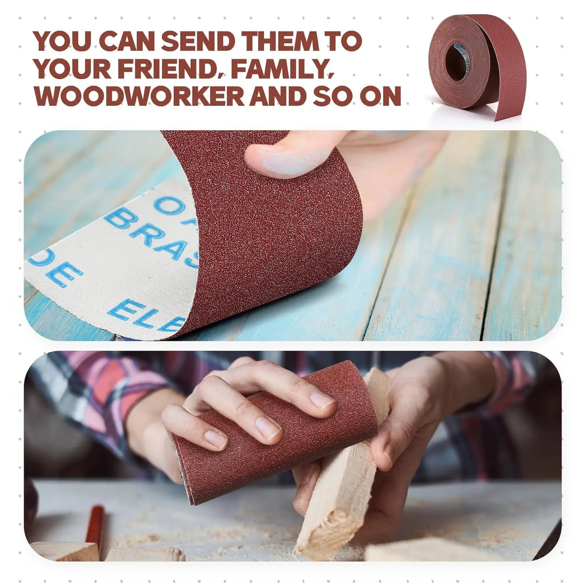 A hand is using a roll of reddish-brown aluminum oxide sandpaper on a piece of wood.