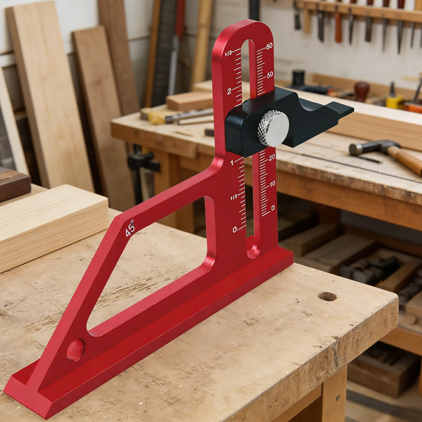 A red precision depth gauge with a black clamp is shown on a wooden workbench.