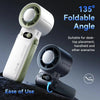 A white and green foldable angle portable fan shown in use for desk or handheld scenarios.