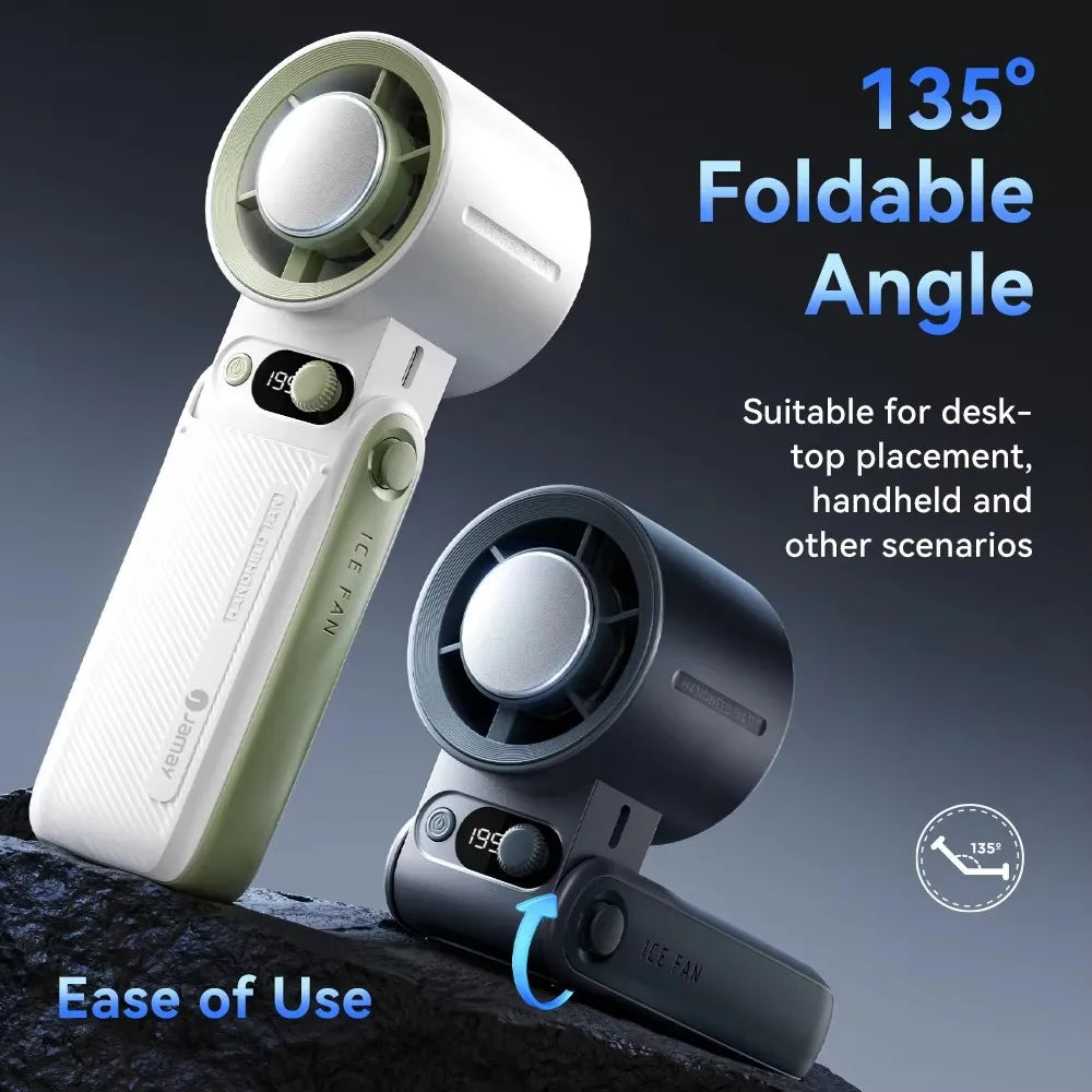 A white and green foldable angle portable fan shown in use for desk or handheld scenarios.