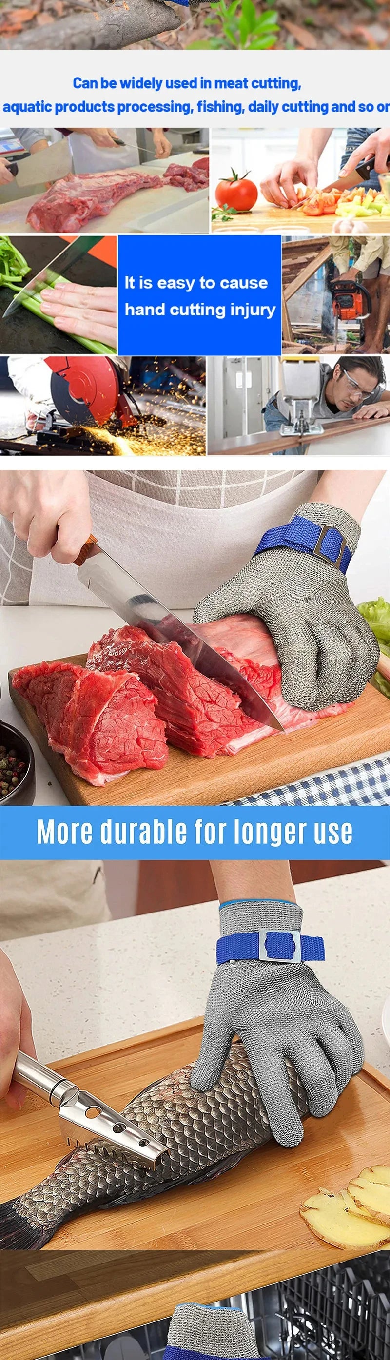 A hand wearing a stainless steel anti-cut safety glove is shown gripping a piece of fish on a wooden cutting board.
