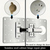 Stainless steel cabinet hinge repair plate showing a damaged hinge and replacement parts.
