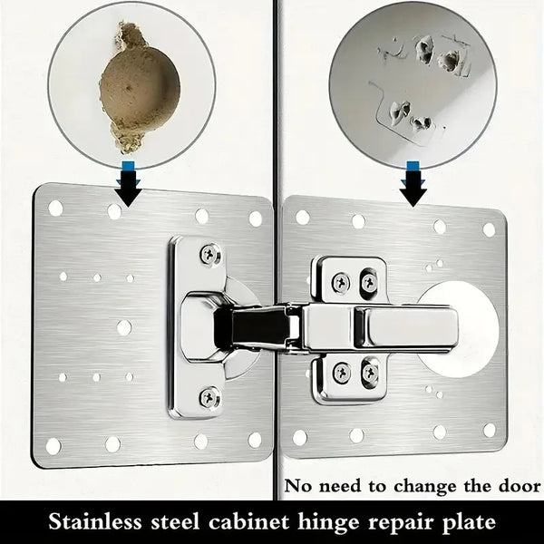 Stainless steel cabinet hinge repair plate showing a damaged hinge and replacement parts.