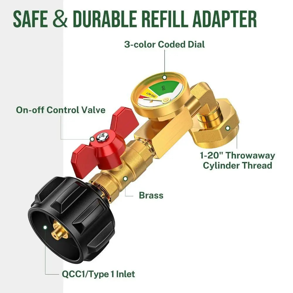 A brass refill adapter with a 3-color coded dial and a 1-20 inch throwaway cylinder thread.