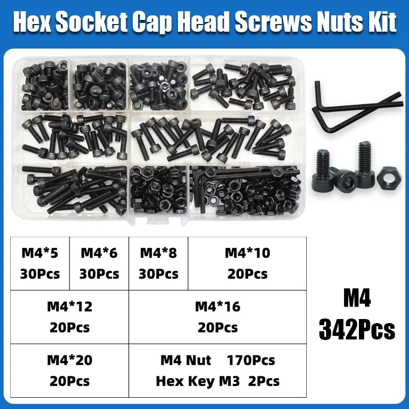 A variety of M4 hex socket head cap screws and nuts kit with various sizes and quantities.