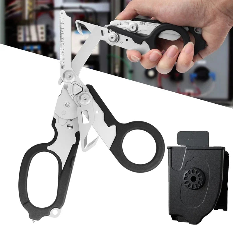 A hand holds a tactical foldable shear tool, showing its design and folding mechanism.