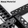 A close-up view of a black metal material tool storage rack with multiple holes for mounting.