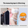 A measuring tape is shown being used for various measurements including clothing, body shape, and fruit size.
