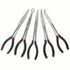 A set of six precision needle nose pliers with black handles and silver jaws.