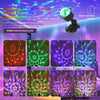 Voice-activated automatic looping RGB disco ball light illuminating a room.