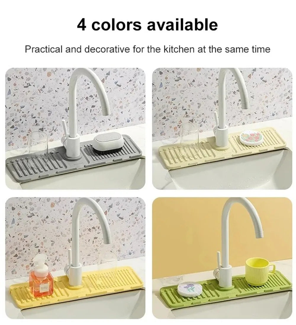 Four colors of silicone sink drain mats used for kitchen and bath protection.