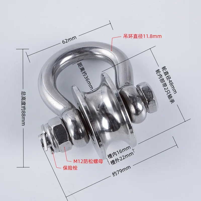Heavy-duty stainless steel buckle pulley with various dimensions and mounting features