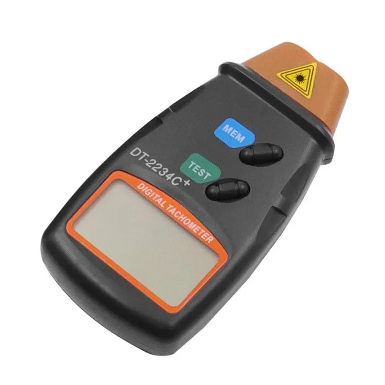 A black digital tachometer device with an orange display and a brown top, showing MEM and TEST buttons.