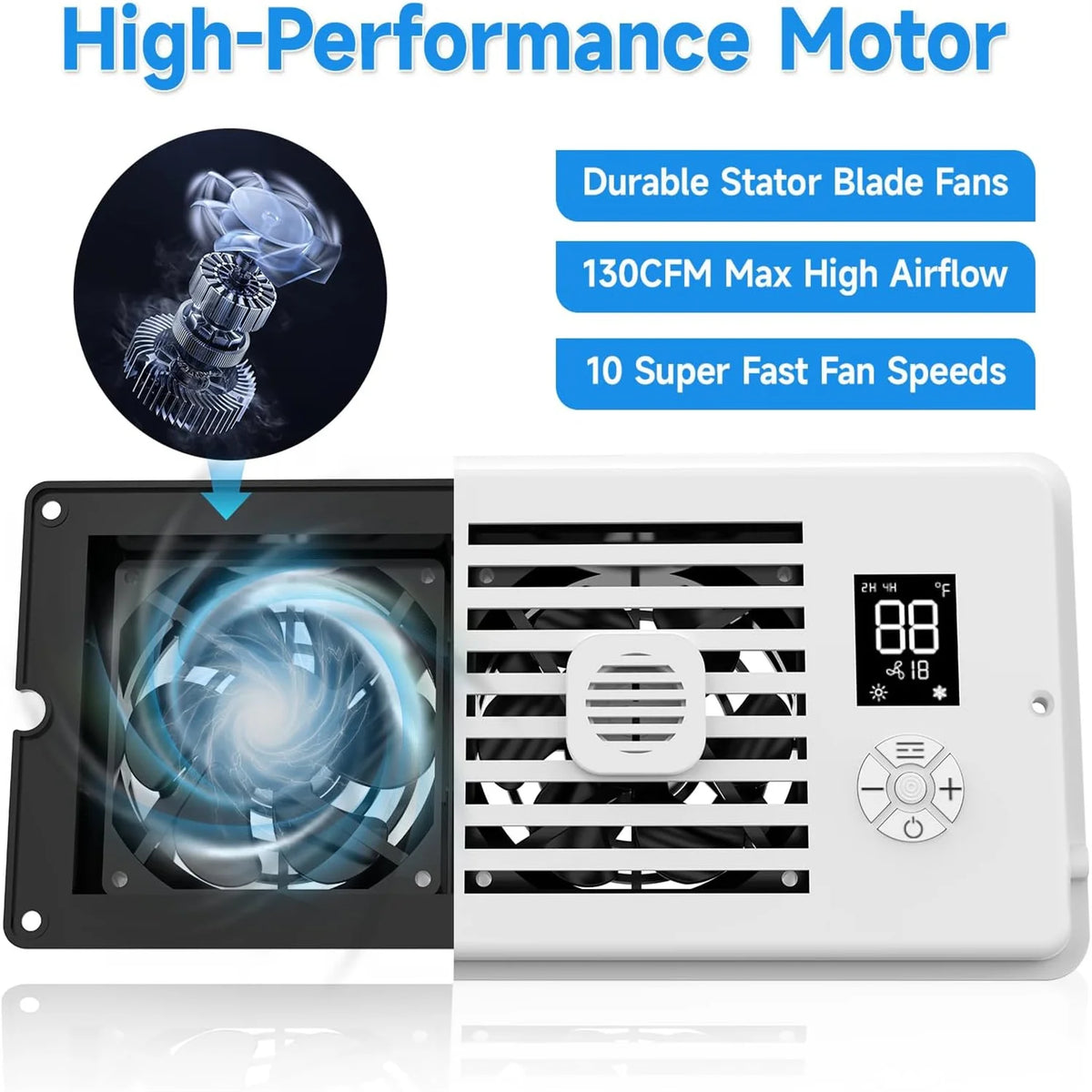 A high-performance motor fan unit showing the internal blades and control panel features.