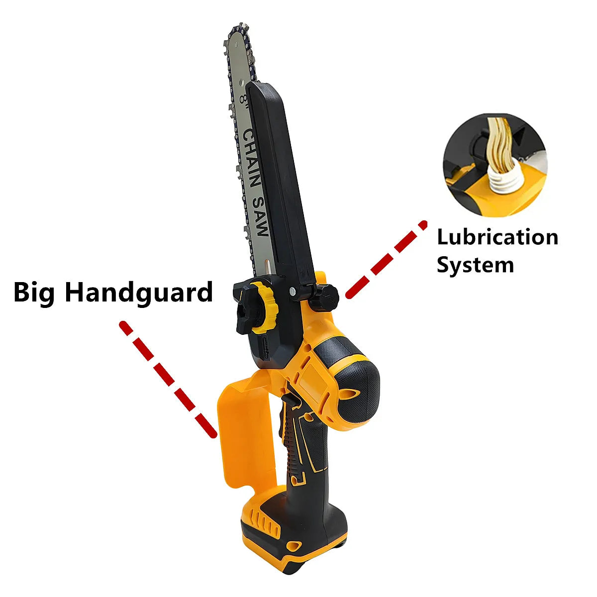 A yellow and black high-power brushless chainsaw with a chain saw blade and lubrication system.