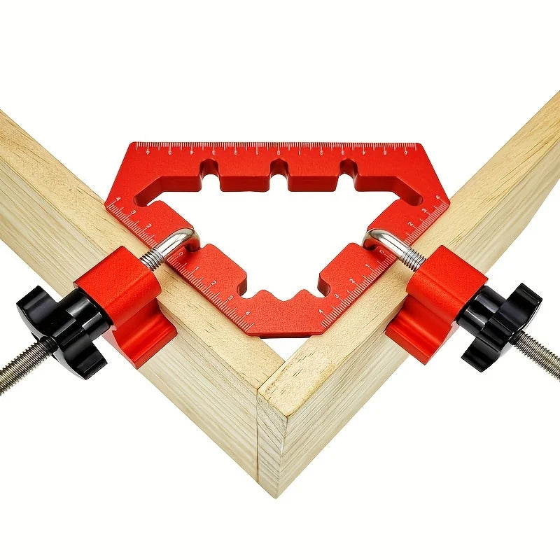 Red L-shaped angle splicing fixture with black clamps and wooden frame for woodworking