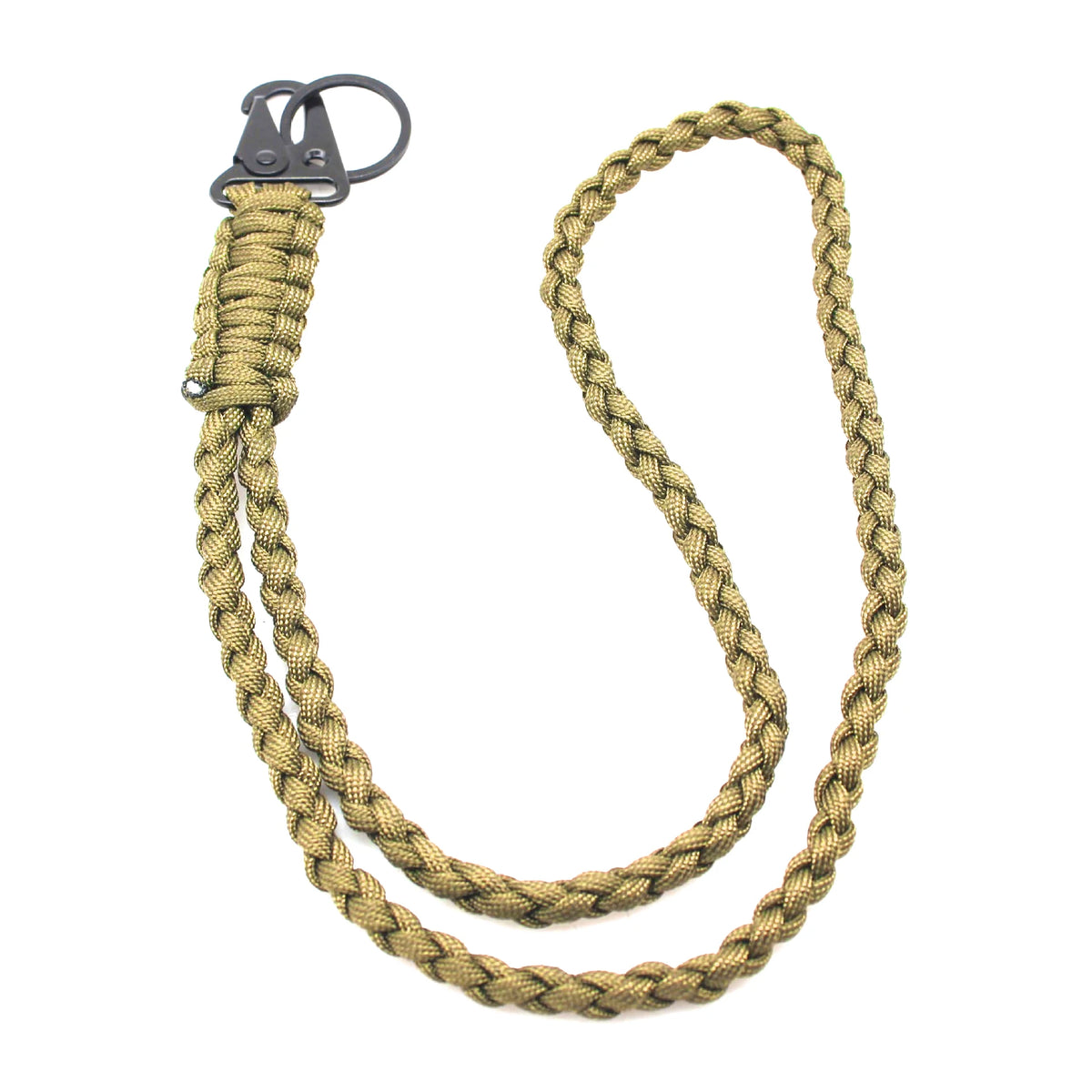 Dicker geflochtener brauner Paracord-Anhänger mit Metallverschluss und Schlüsselring.