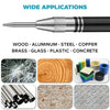 Automatic centre punch tool shown with various materials like wood, aluminum, steel, and glass.