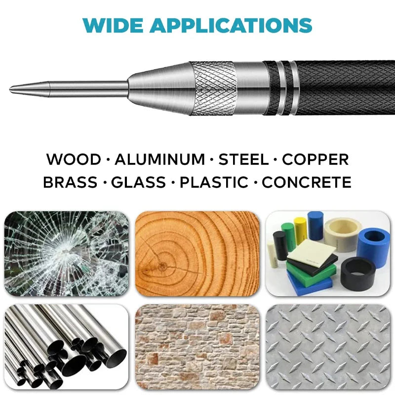 Automatic centre punch tool shown with various materials like wood, aluminum, steel, and glass.
